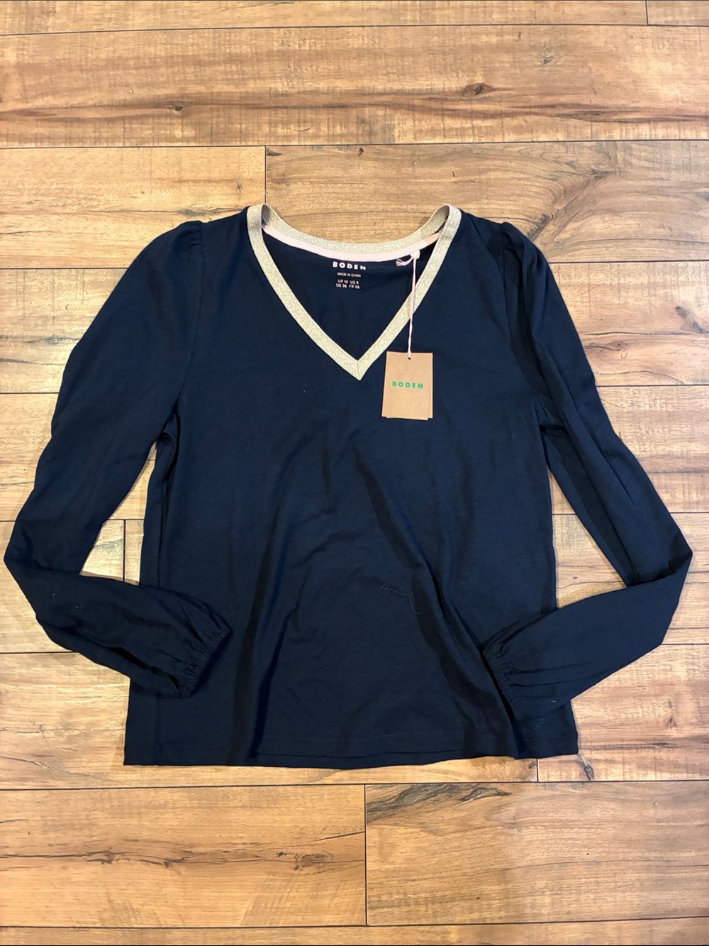 Boden Navy V-Neck Long-Sleeve Top with Gold Trim